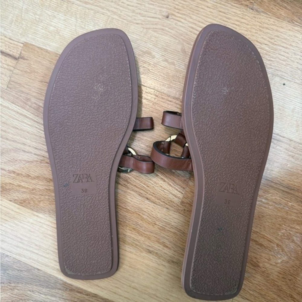Zara Womens Brown Strappy Flat Sandals Gold Ring Hardware Thong Slides Size 39 - Picture 4 of 5
